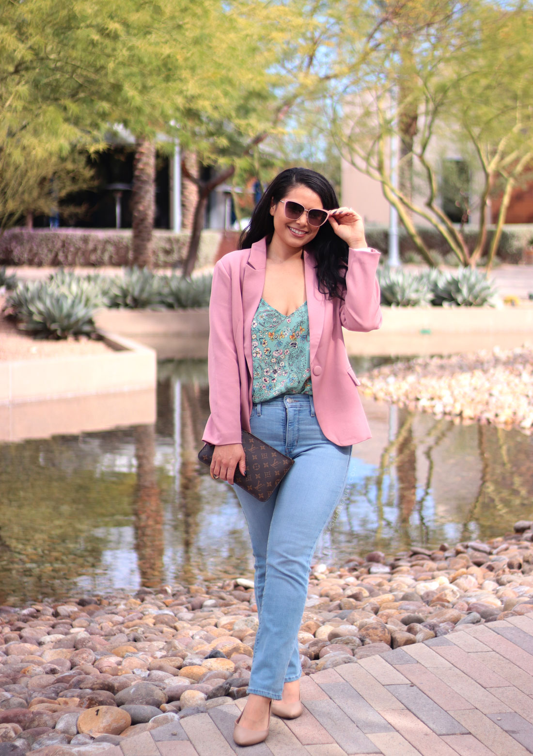 Solid pink blazer outfit with light wash jeans and ballet flats. | Create More Outfits with 3 Outerwear Essentials | Slashed Beauty