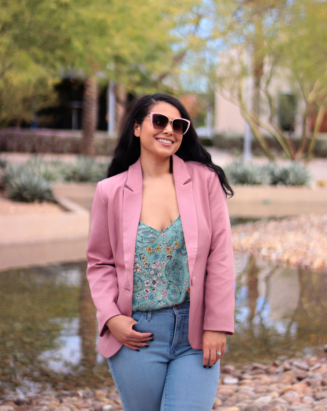 Solid pink blazer outfit with teal top. | Create More Outfits with 3 Outerwear Essentials | Slashed Beauty
