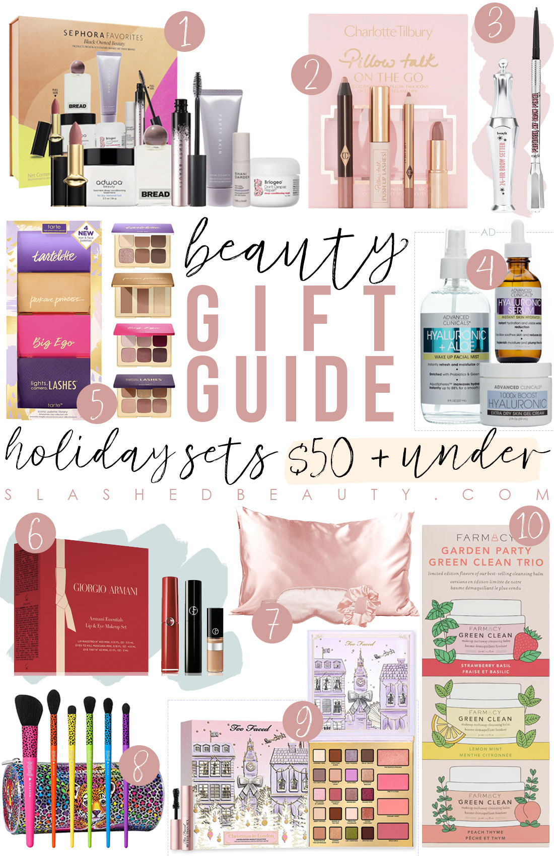 Collage of 2021 Holiday Beauty Value Gift Sets $50 & Under Gift Guide | Affordable Beauty Gifts | Beauty Holiday Gifts | Slashed Beauty