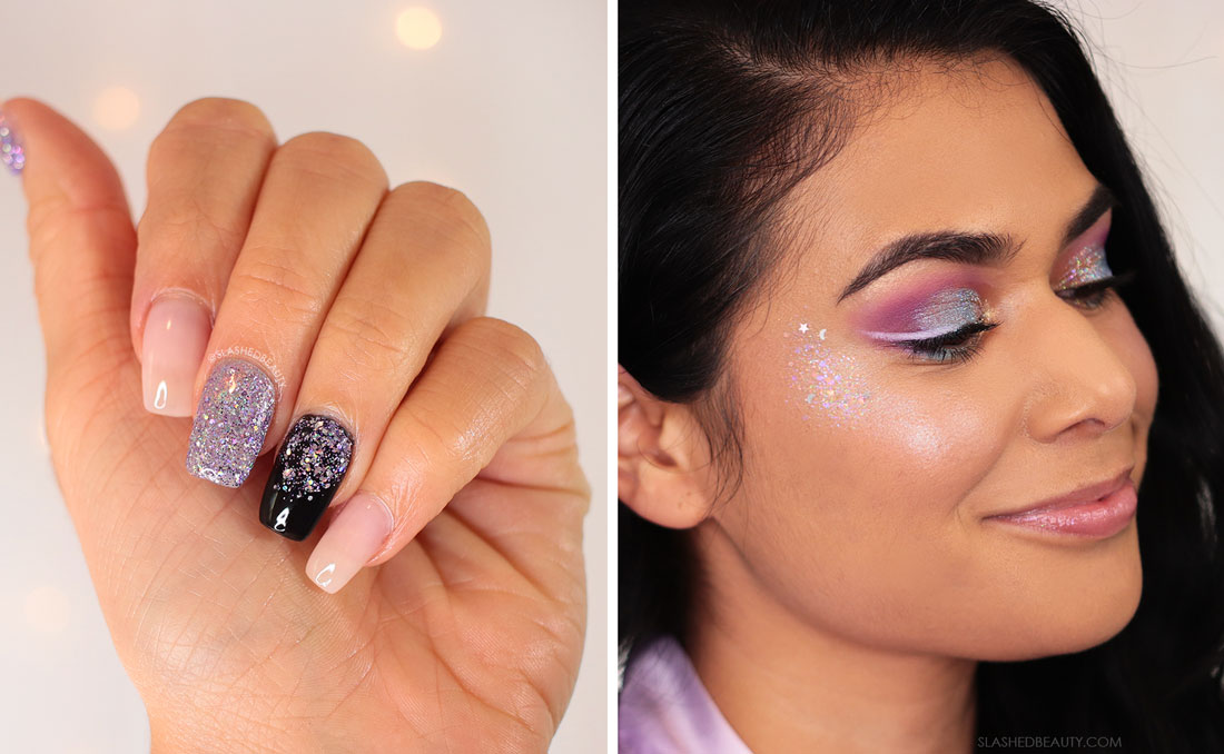 Photo 1: Black and nude pink nails with holographic glitter nail accents / Photo 2: Miranda wearing a blue glitter highlight with star and moon shaped particles | 5 Daring 2022 Beauty Trends to Try This Year | Slashed Beauty