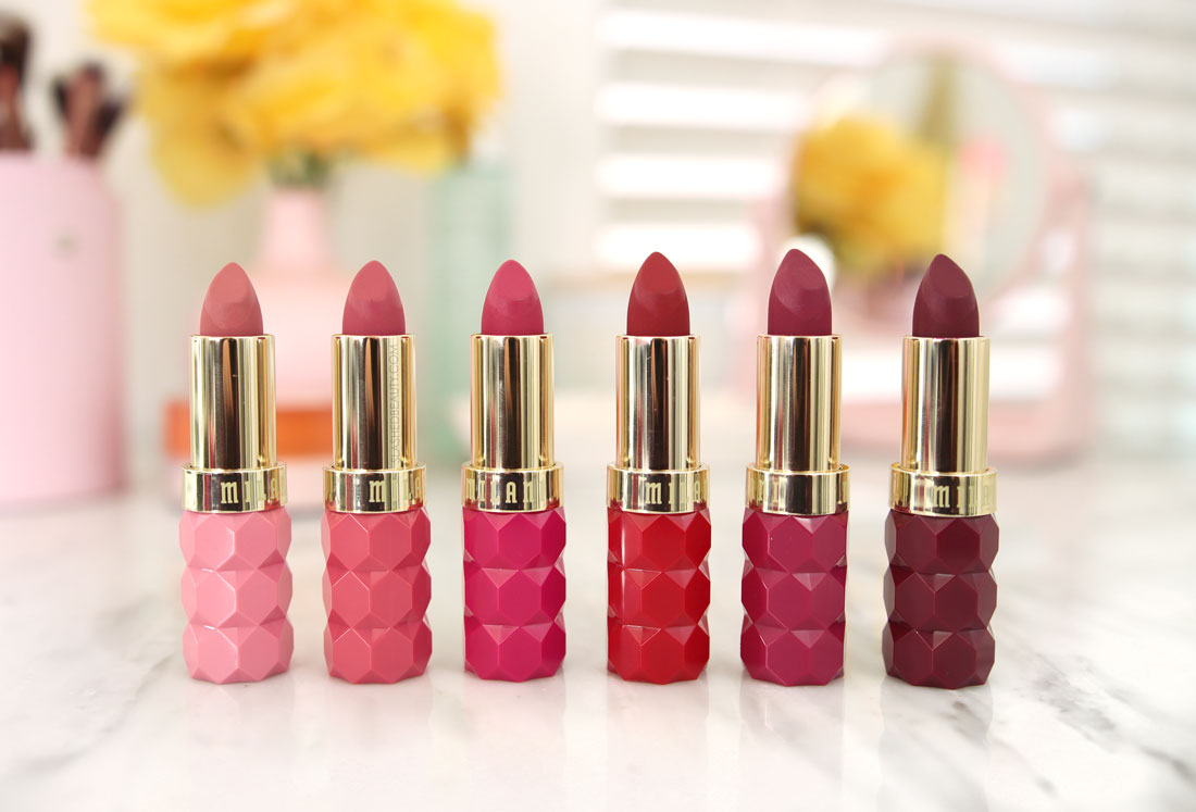 Milani Color Fetish Matte The Flora Collection Lipsticks standing in a row on a marble surface | Milani Color Fetish Matte Flora Collection Review & Swatches | Slashed Beauty