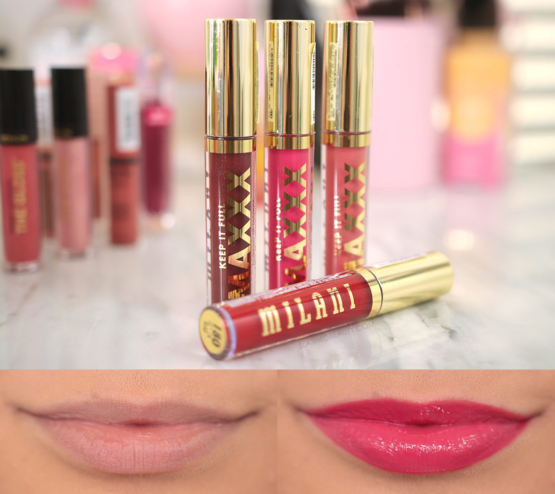 Tubes of Milani Keep it Full Maxxx Lip Plumping Lacquer on a marble surface & Keep It Full Maxxx Superlike swatch on lips | 6 Best Non-Sticky Drugstore Lipglosses | Slashed Beauty