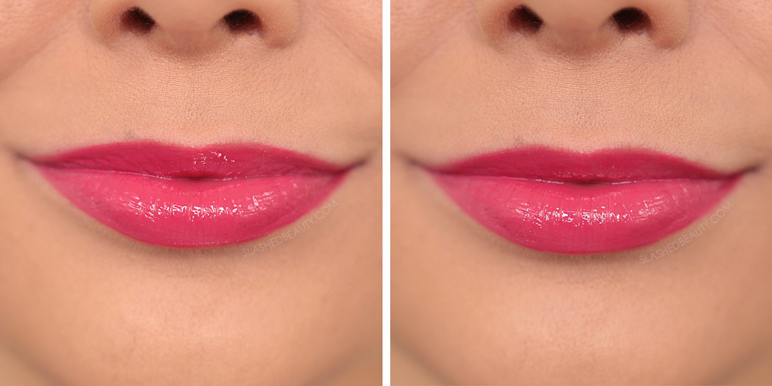 Before and After applying Milni Keep It Full MAXXX Plumping Lip Lacquer showing the lips more round in the after | 6 Best Non-Sticky Drugstore Lipglosses | Slashed Beauty
