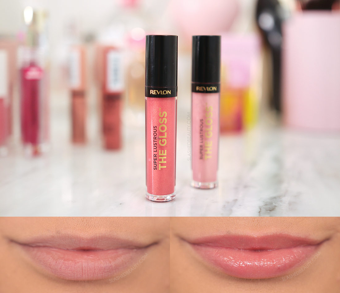 Tubes of Revlon The Gloss standing on a marble counter & The Gloss Blissed Out Swatch on lips | 6 Best Non-Sticky Drugstore Lipglosses | Slashed Beauty