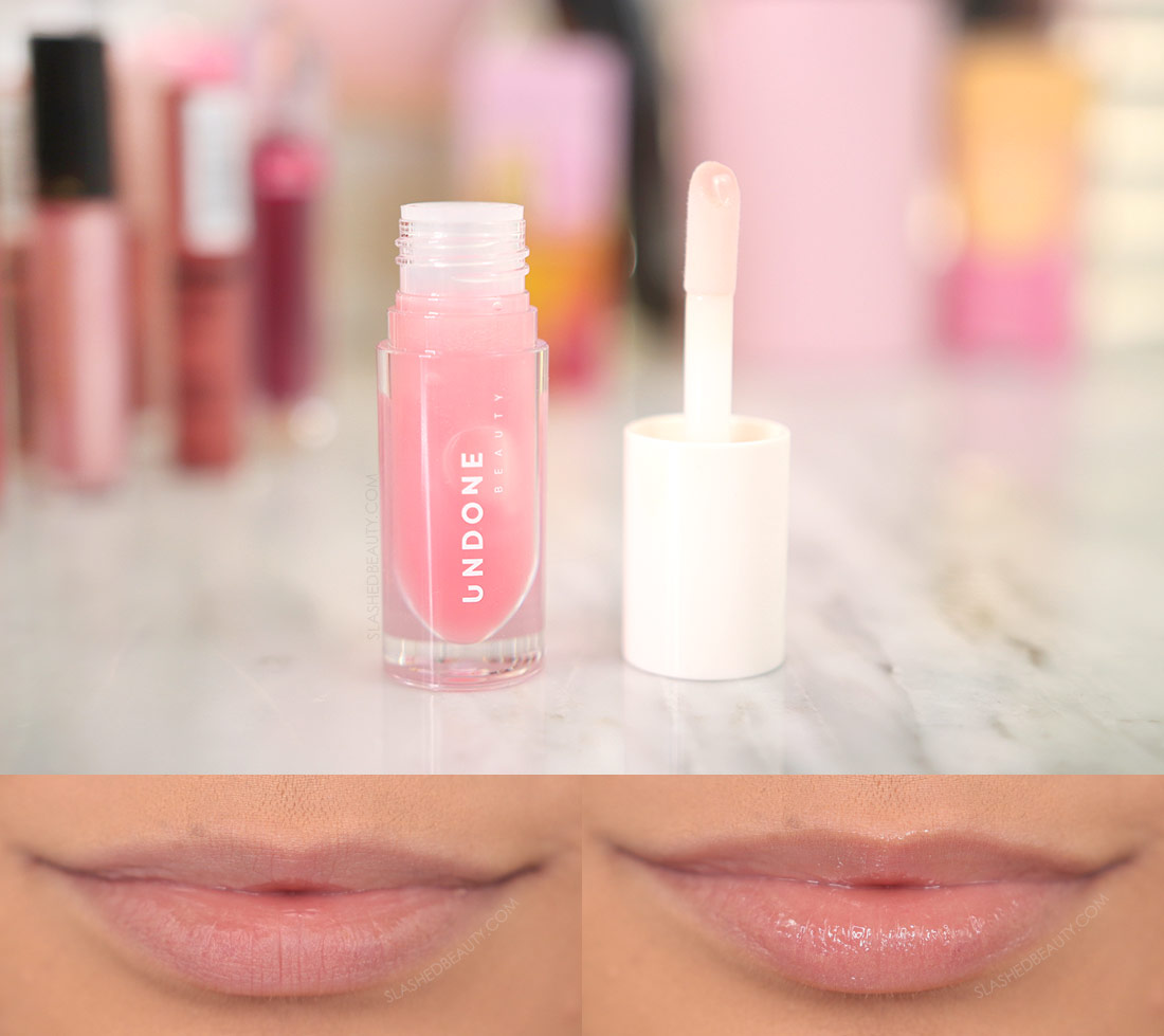 Tube of Undone Beauty Big Poppa Gloss on a marble counter & Big Poppa Gloss Barely Pink Swatch on lips | 6 Best Non-Sticky Drugstore Lipglosses | Slashed Beauty