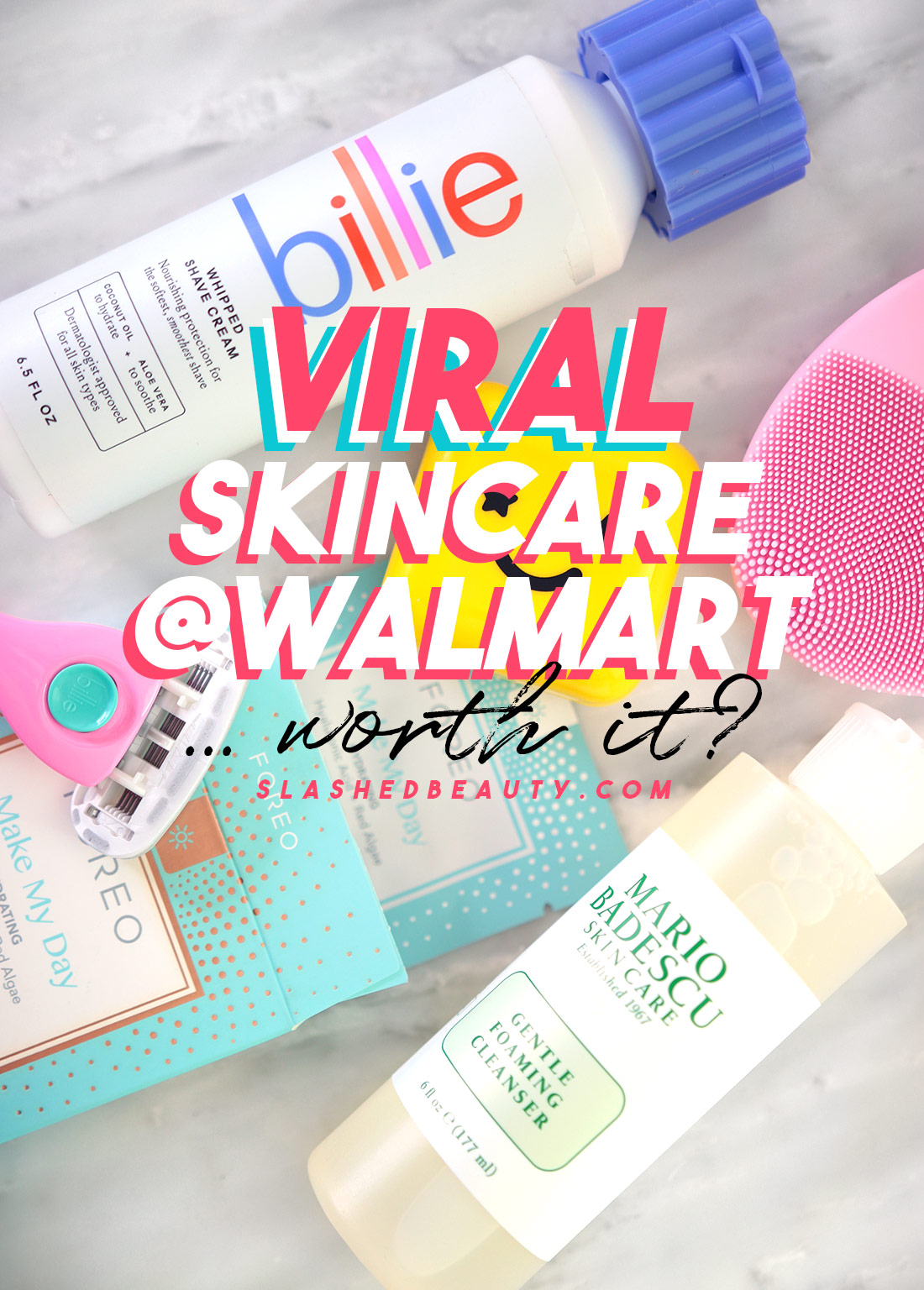 Various skin care products lying flat on a marble surface with text overlay: Viral Skin Care @ Walmart ... Worth It? | 5 Viral Skin Care Products Worth Trying at Walmart | Slashed Beauty