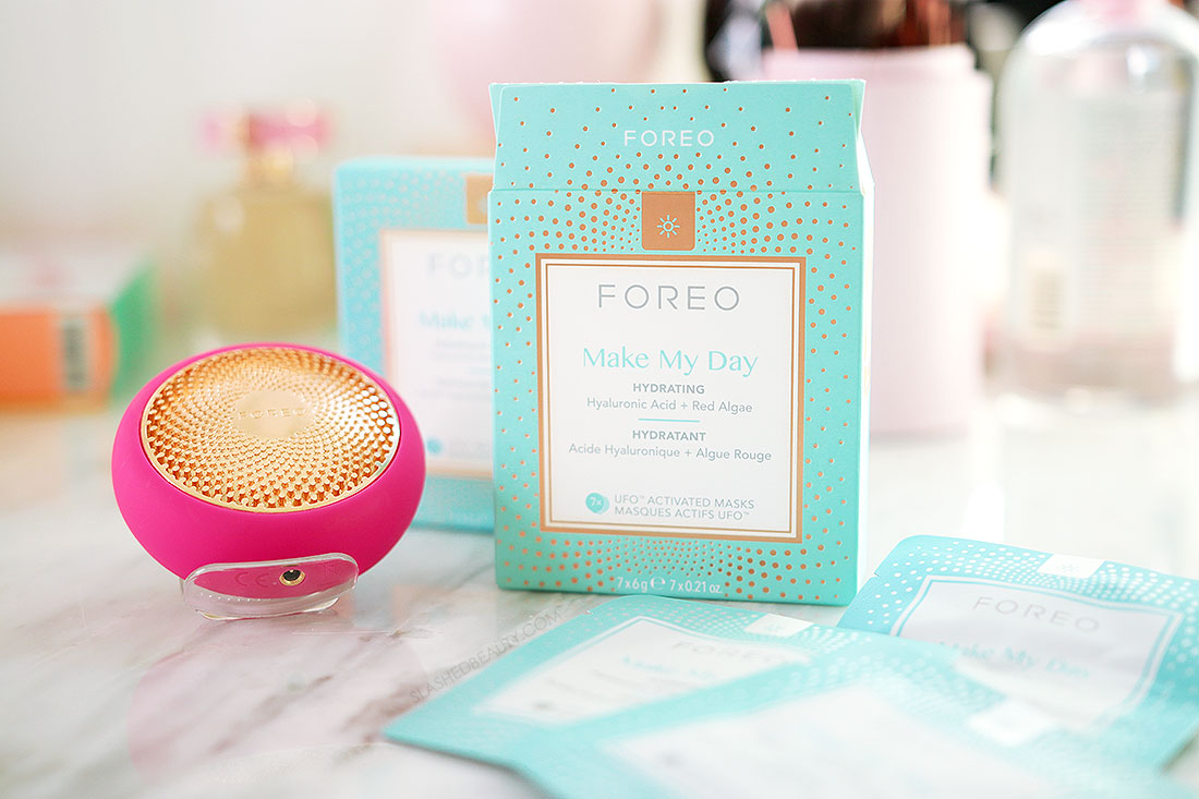 Box of Foreo Make My Day UFO Activated Masks standing next to the UFO device | 5 Viral Skin Care Products Worth Trying at Walmart | Slashed Beauty