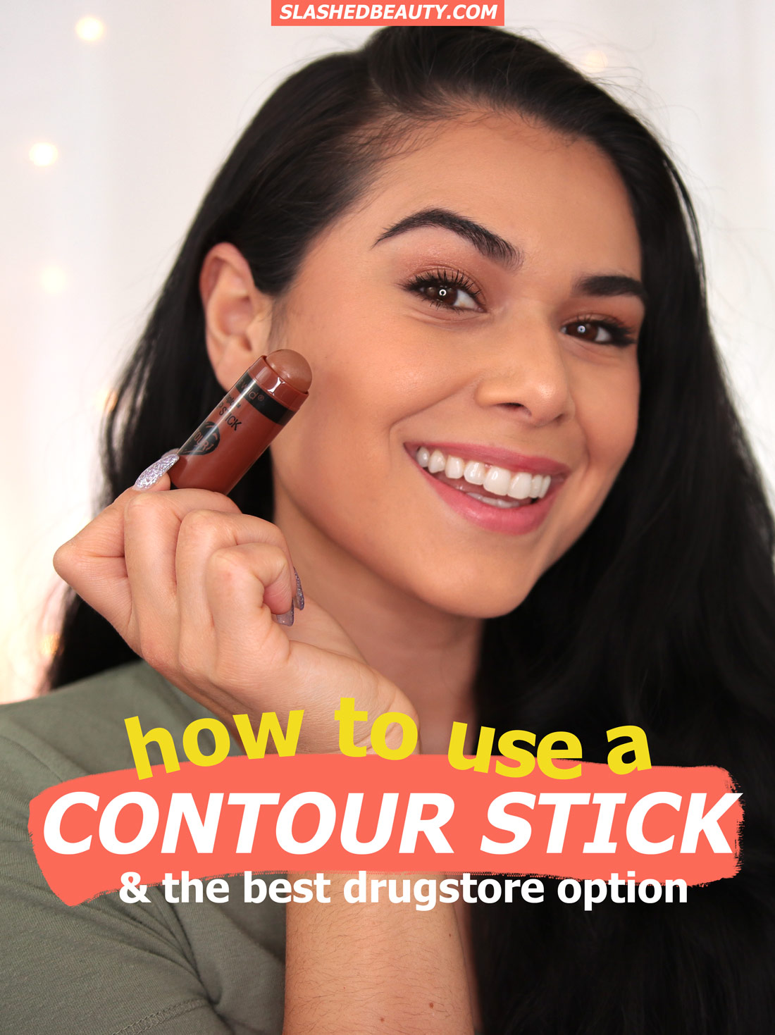 Miranda smiling to camera holding a contour stick to her cheek | How to Use a Contour Stick: 5 Tips & Mistakes to Avoid | Slashed Beauty