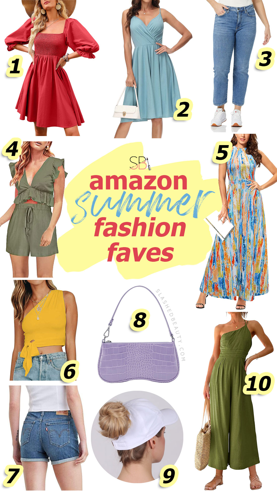 Collage of various summer fashion items with text: Amazon Summer Fashion Faves | The 10 Best Amazon Summer Fashion Finds | Slashed Beauty