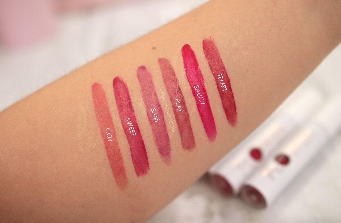 Arm swatches of all six Flower Beauty Bitten Lip Stains | Flower Beauty Bitten Lip Stains Review & Swatches | Slashed Beauty