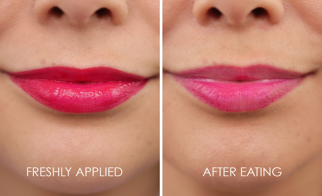 Close up of lips showing before/after freshly applied and after eating wearing Flower Beauty Bitten Lip Stain in Saucy | Flower Beauty Bitten Lip Stains Review & Swatches | Slashed Beauty