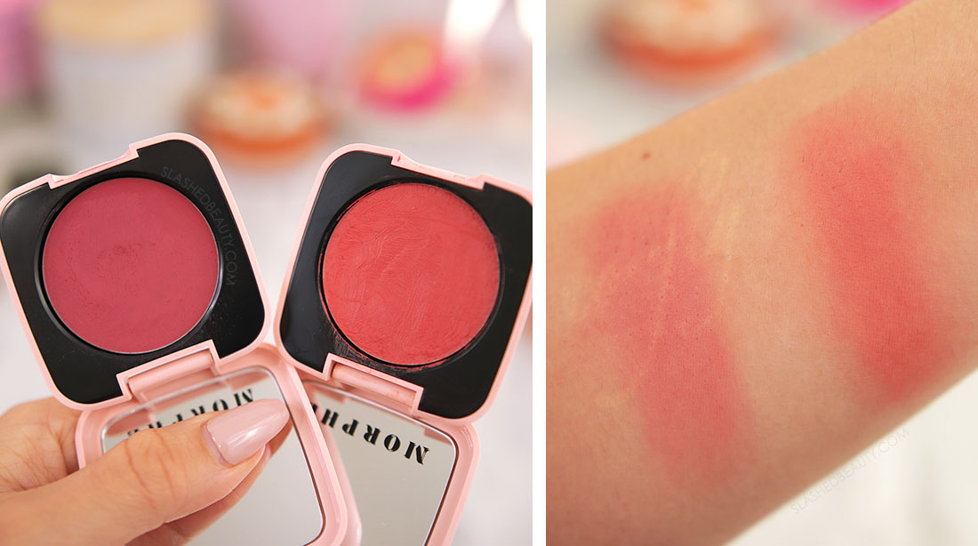 Close up of Morphe Blush Balms in Mighty Mauve & Audacious Apricot next to arm swatches | The Best Affordable Cream Blushes Under  | Slashed Beauty