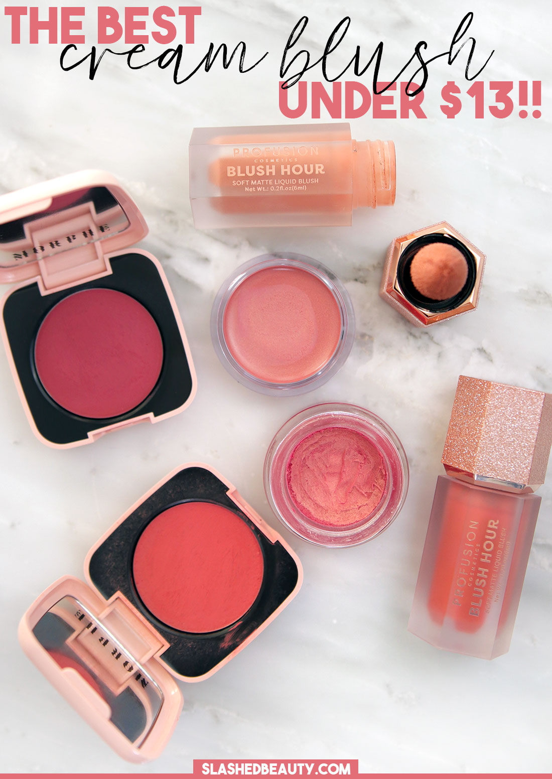 Various cream blushes lying flat on a marble surface | The Best Drugstore Cream Blushes Under $13 | Slashed Beauty