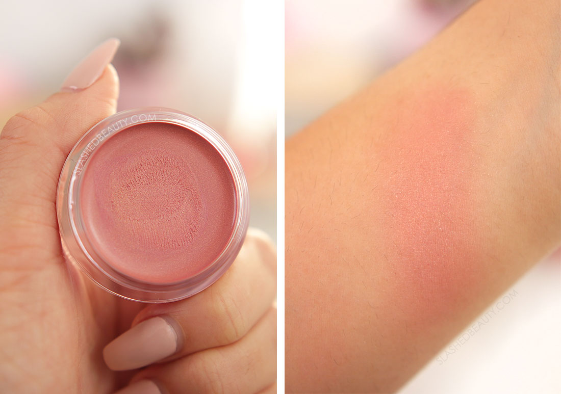 Close up of e.l.f. Luminous Putty Blush in Maui next to an arm swatch | The Best Affordable Cream Blushes Under  | Slashed Beauty