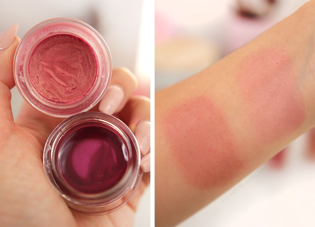 Close up of Pacifica Fluffy Blushy jars in Pink Haze and Bloom next to arm swatches | The Best Affordable Cream Blushes Under $13 | Slashed Beauty