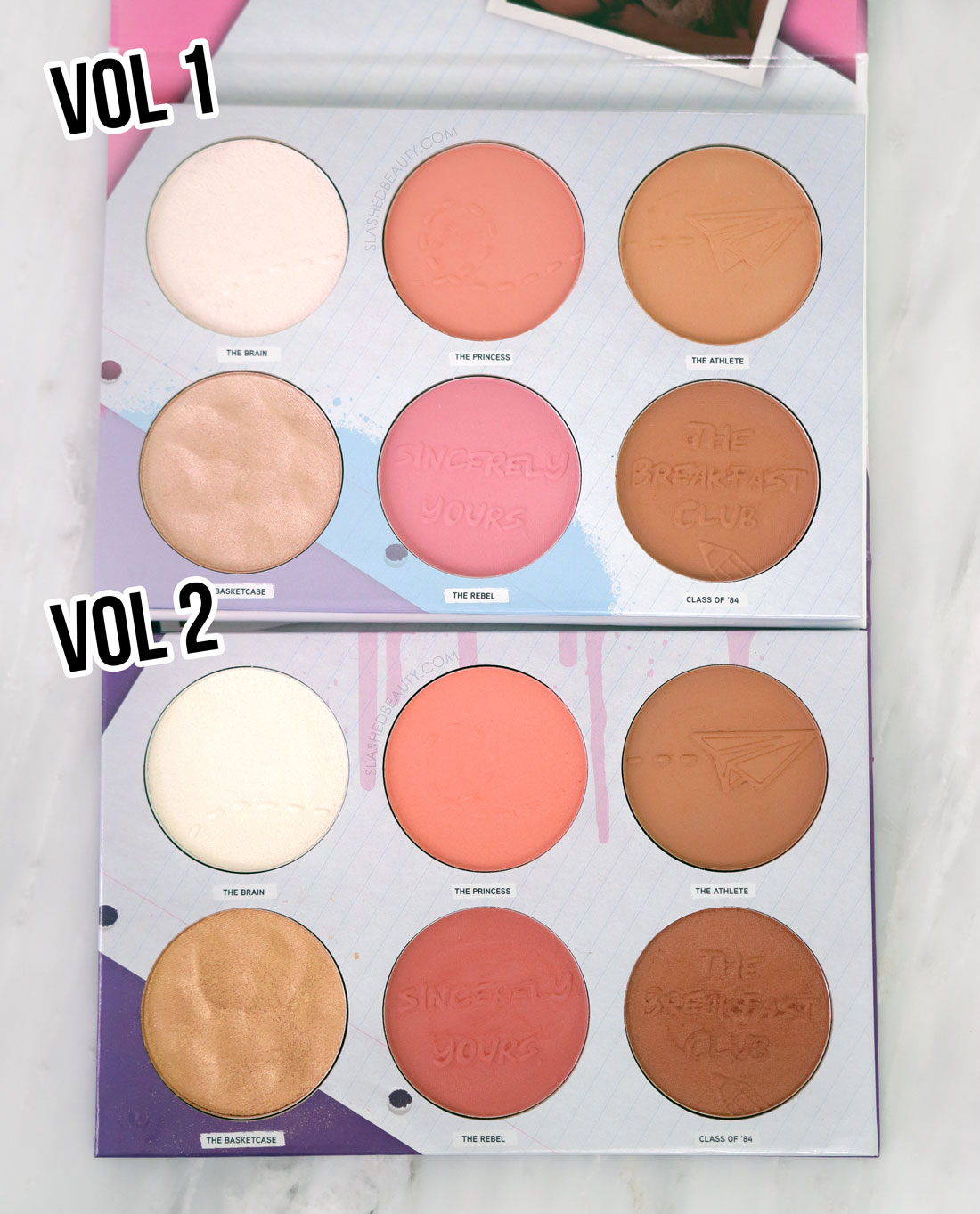 Physicians Formula Breakfast Club Saturday Detention Palettes Volume 1 and Volume 2 lying open next to each other | Did Physicians Formula Secretly Release a Fragrance-Free Butter Bronzer? | Slashed Beauty