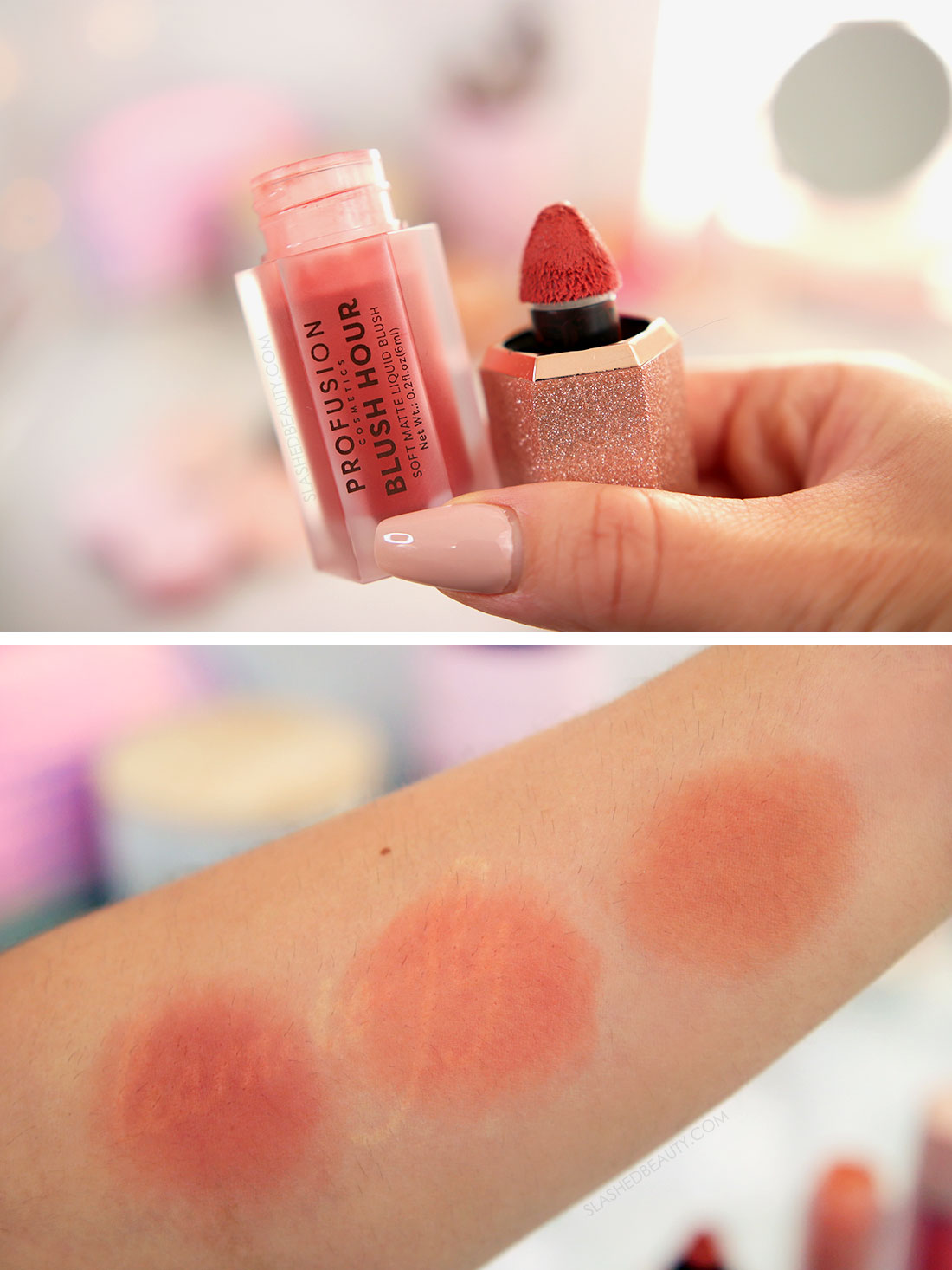 Close up of Profusion Blush Hour Liquid Blush Tube next to swatches of Cosmo, Mai Tai & Bellini | The Best Affordable Cream Blushes Under  | Slashed Beauty