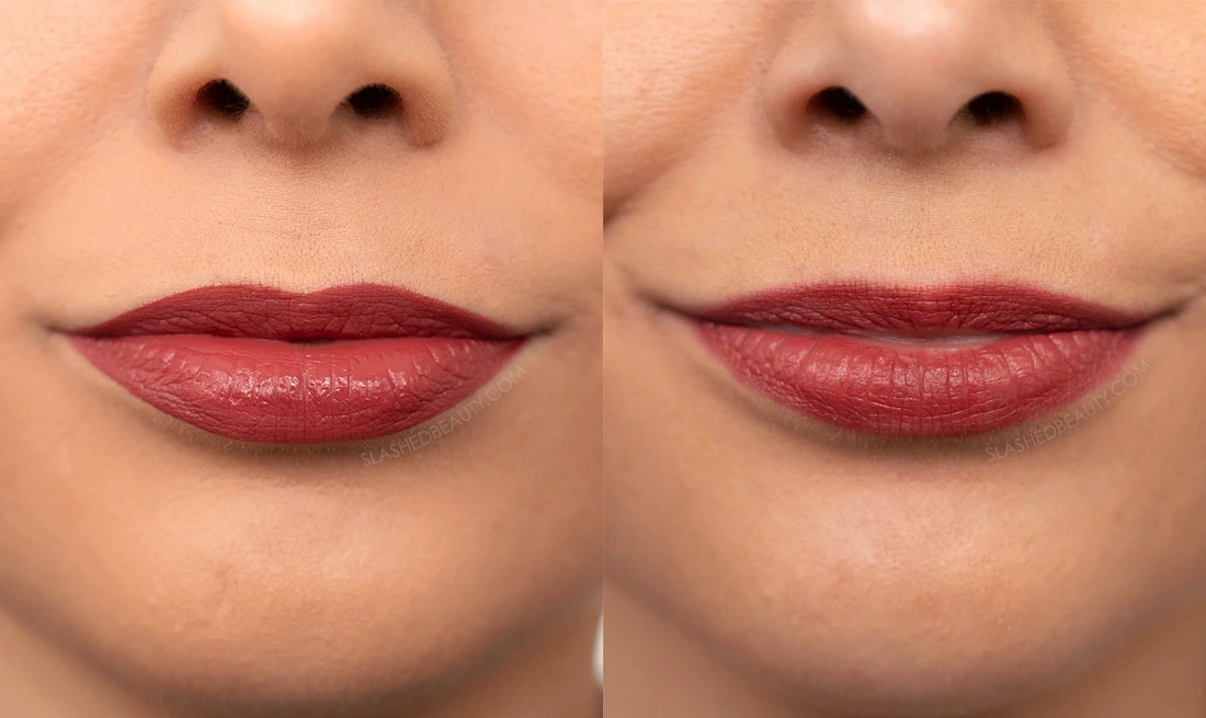 Lip swatches of Maybelline Superstay Vinyl Ink Liquid Lipstick in Lippy freshly applied vs. 12 hours later | Slashed Beauty