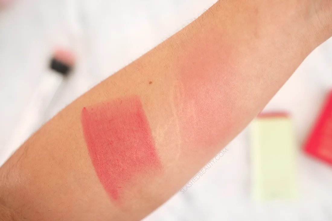 Pixi On-the-Glow Blush Stick Ruby Swatch from the tube vs. applied with brush | Pixi On-the-Glow Blush Stick Review | Slashed Beauty