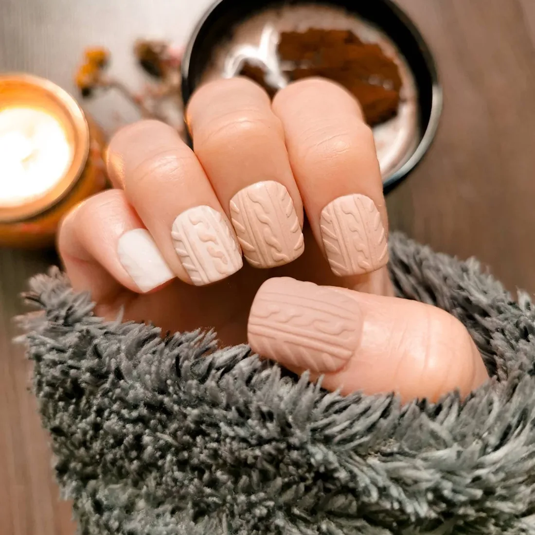 Beige sweater nails with a matte raised design | Trendy Fall Nail Designs You Can Buy as Press-Ons on Etsy | Slashed Beauty