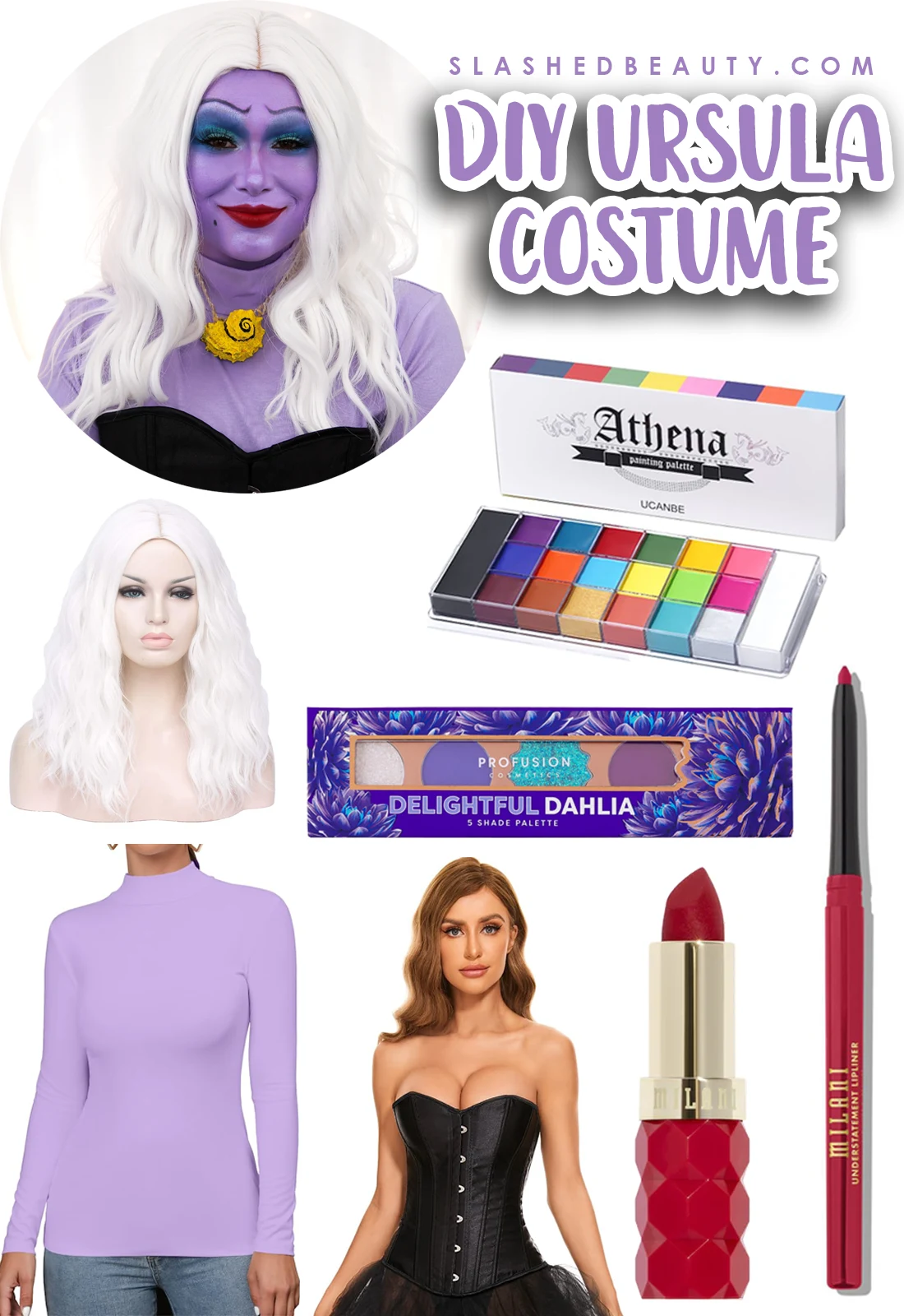 Collage of items to create a DIY Ursula Halloween costume and makeup look | Slashed Beauty