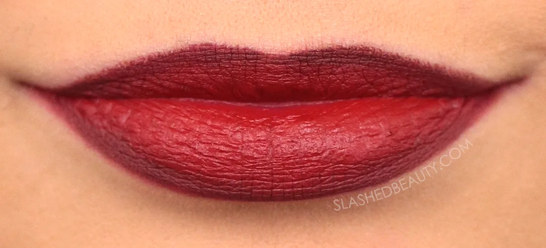 Close up of lips wearing Revlon ColorStay Lip Liner in Chocolate & Milani Color Fetish Matte Lipstick in Poppy | Three Stunning Drugstore Lip Combos for Fall | Slashed Beauty