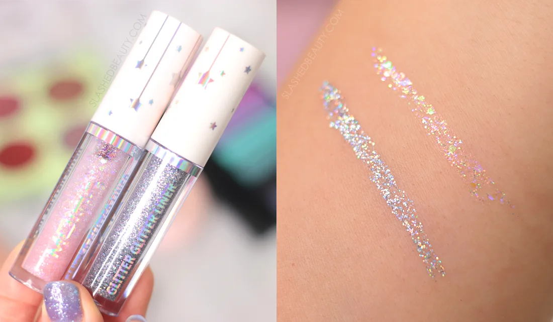 Moira Beauty Glitter Glitter Liner Swatches: Super Sparkle & Pink Aurora | The Best Budget Friendly Glitter Eye Makeup | Slashed Beauty