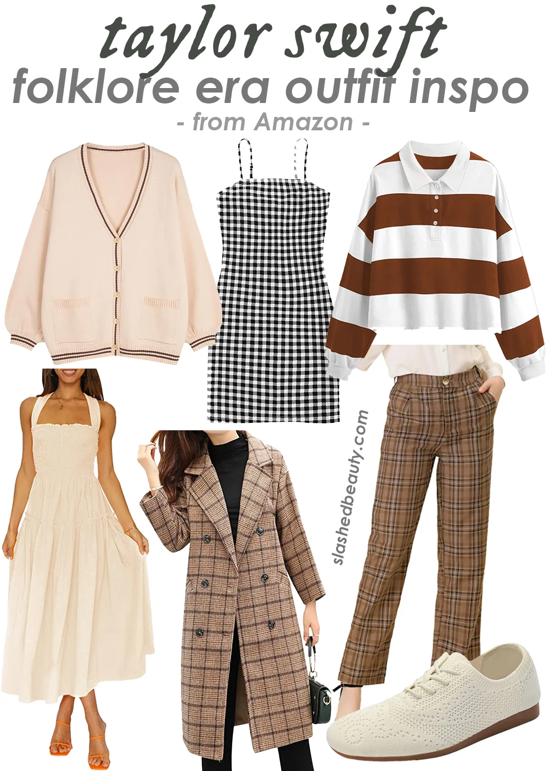 Collage: Taylor Swift Folklore Outfit Ideas from Amazon | What to Wear to The Eras Tour | Slashed Beauty