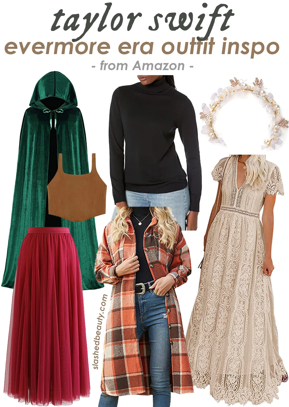 Collage: Taylor Swift Evermore Outfit Ideas from Amazon | What to Wear to The Eras Tour | Slashed Beauty