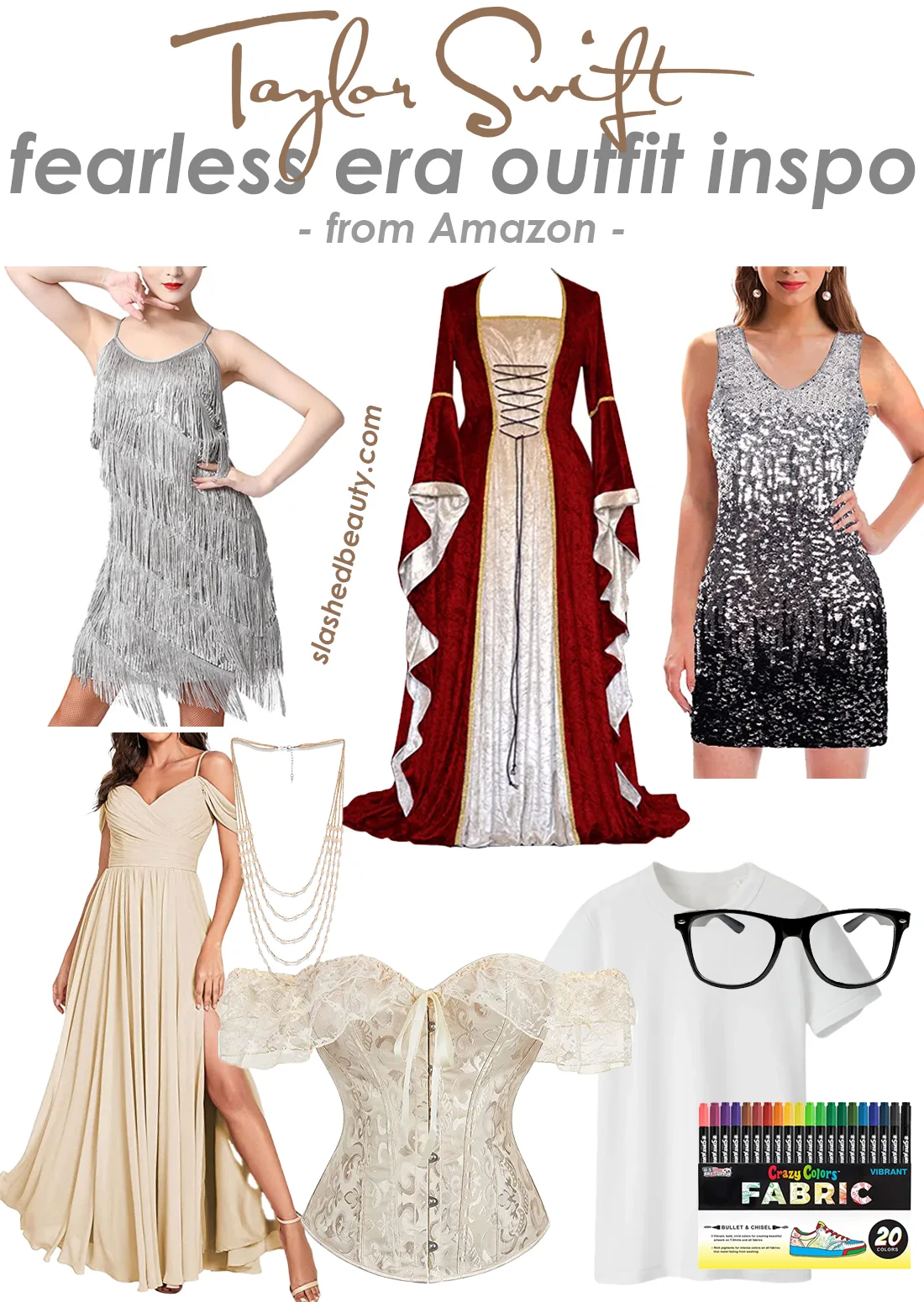 Collage: Taylor Swift Fearless Outfit Ideas from Amazon | What to Wear to The Eras Tour | Slashed Beauty
