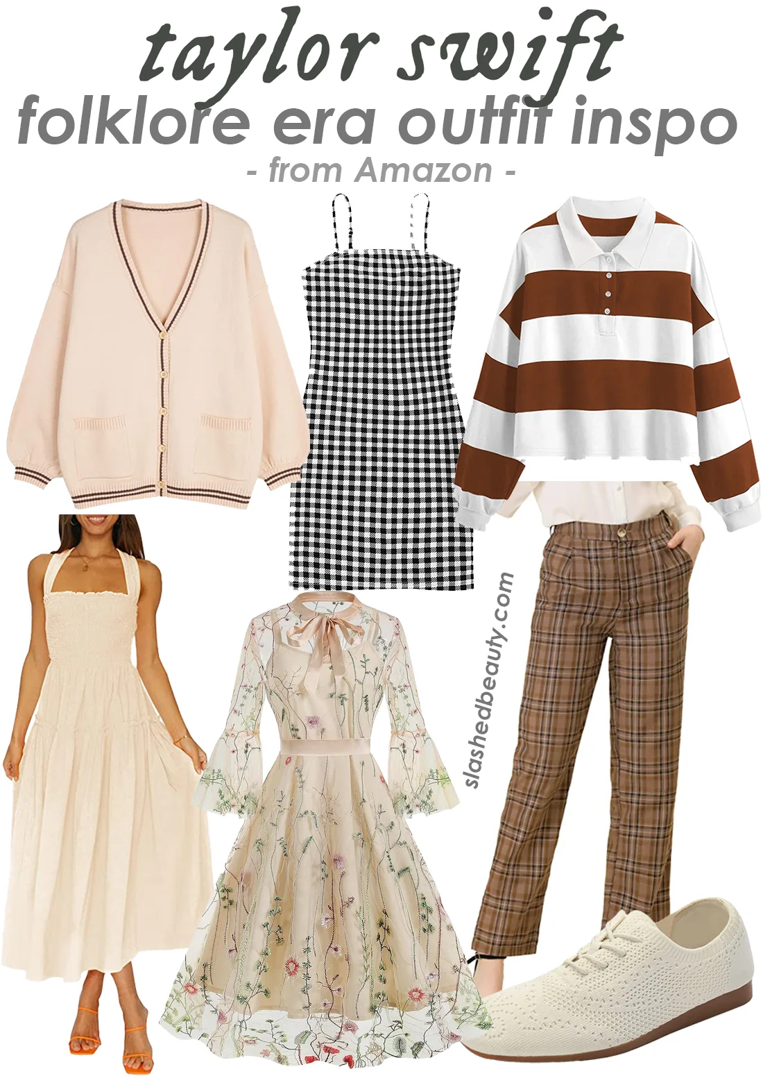 Collage: Taylor Swift Folklore Outfit Ideas from Amazon | What to Wear to The Eras Tour | Slashed Beauty