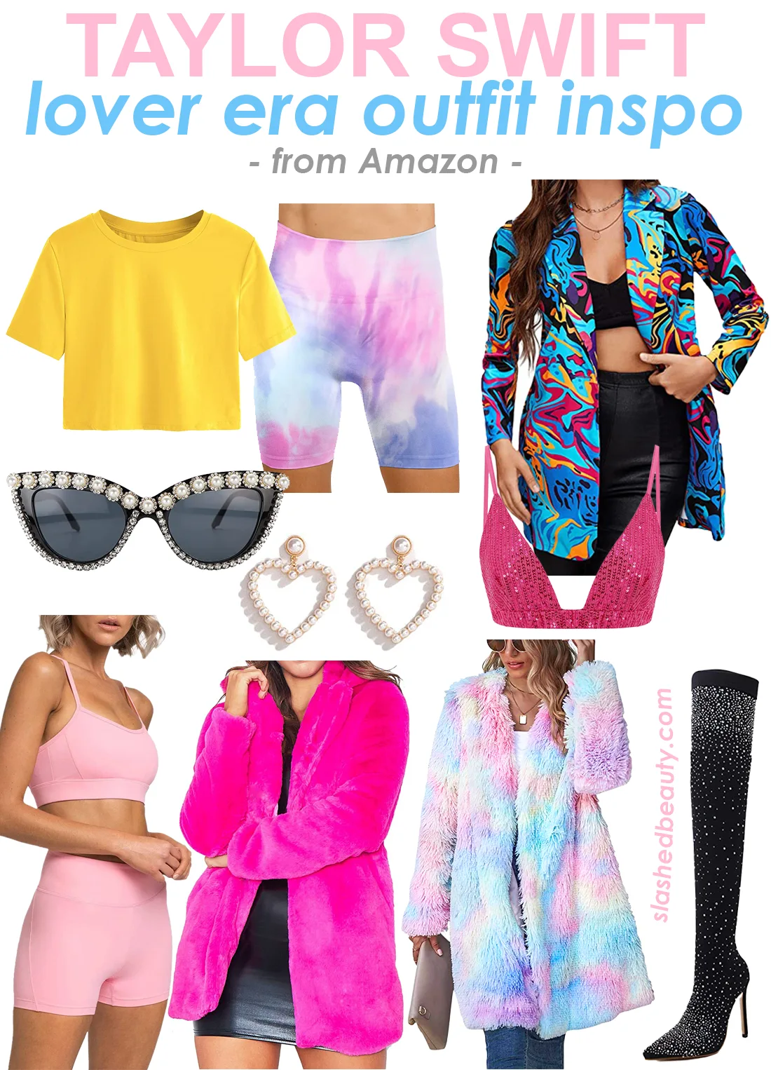 Collage: Taylor Swift Lover Outfit Ideas from Amazon | What to Wear to The Eras Tour | Slashed Beauty