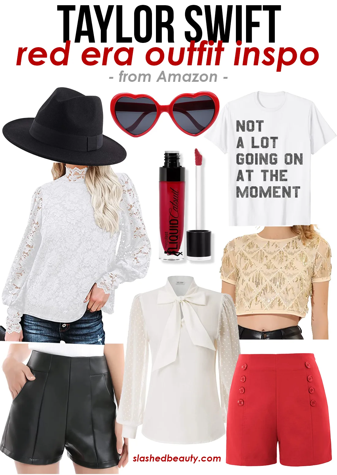 Collage: Taylor Swift Red Outfit Ideas from Amazon | What to Wear to The Eras Tour | Slashed Beauty