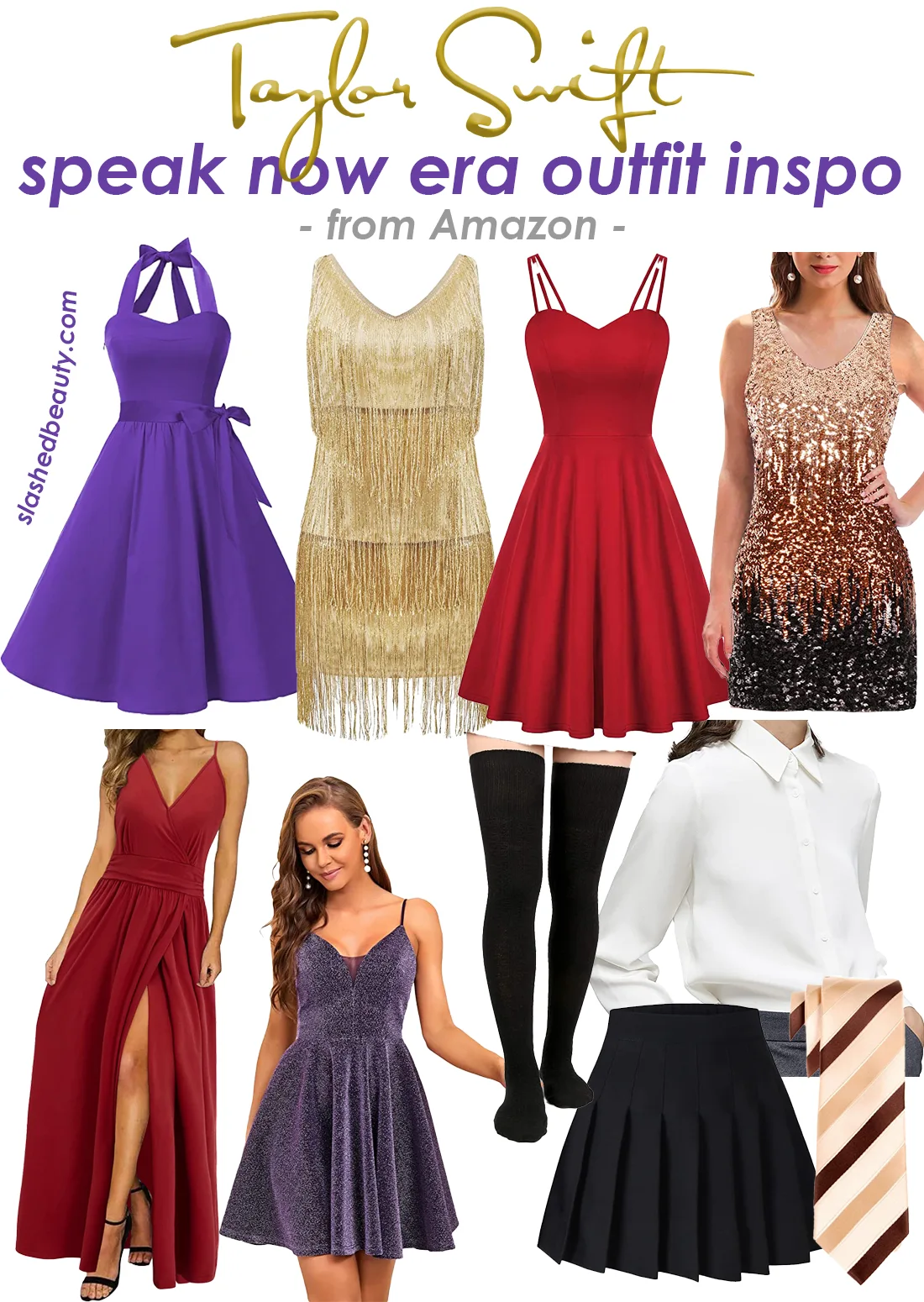 Collage: Taylor Swift Speak Now Outfit Ideas from Amazon | What to Wear to The Eras Tour | Slashed Beauty