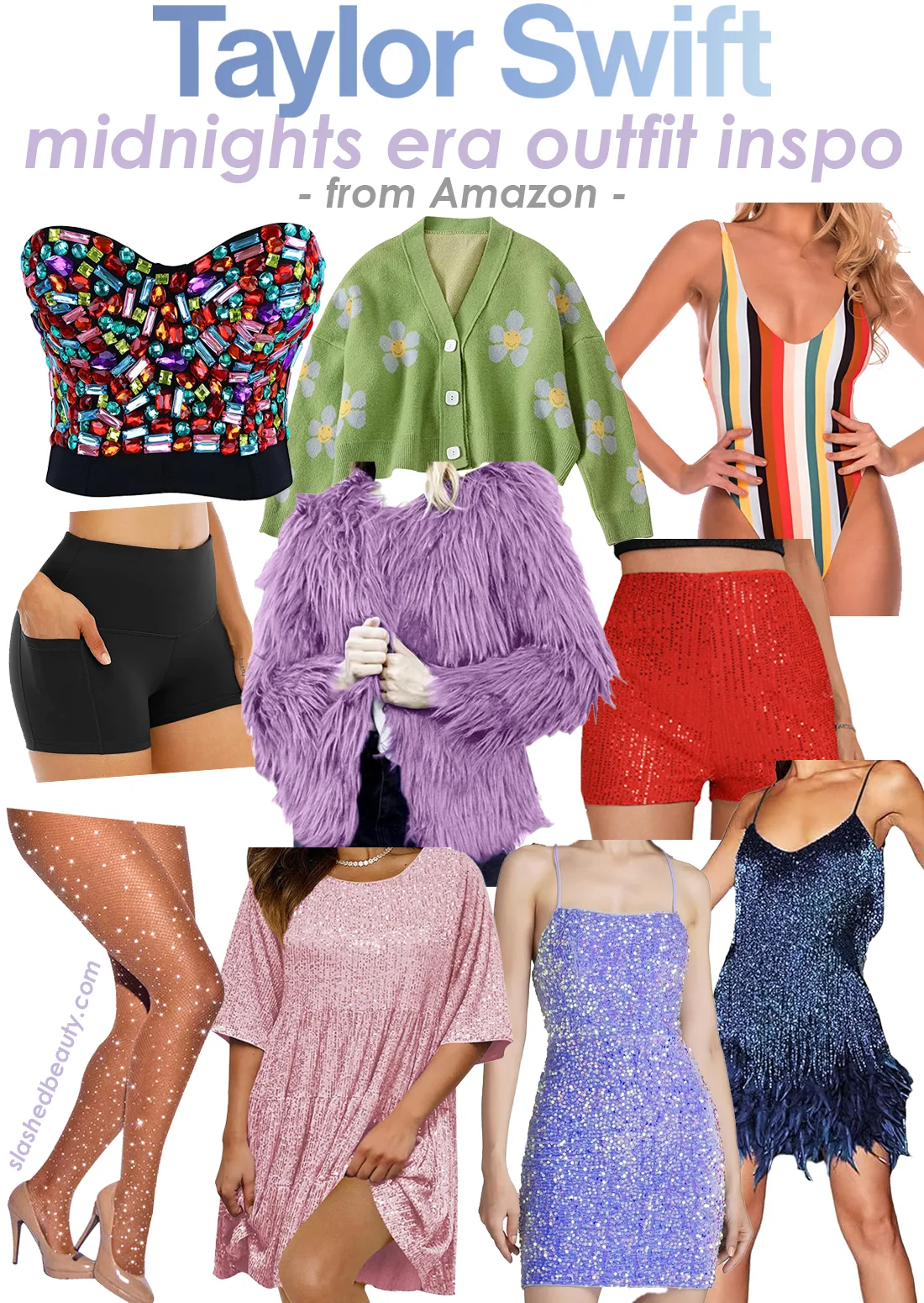 Collage: Taylor Swift Midnights Outfit Ideas from Amazon | What to Wear to The Eras Tour | Slashed Beauty