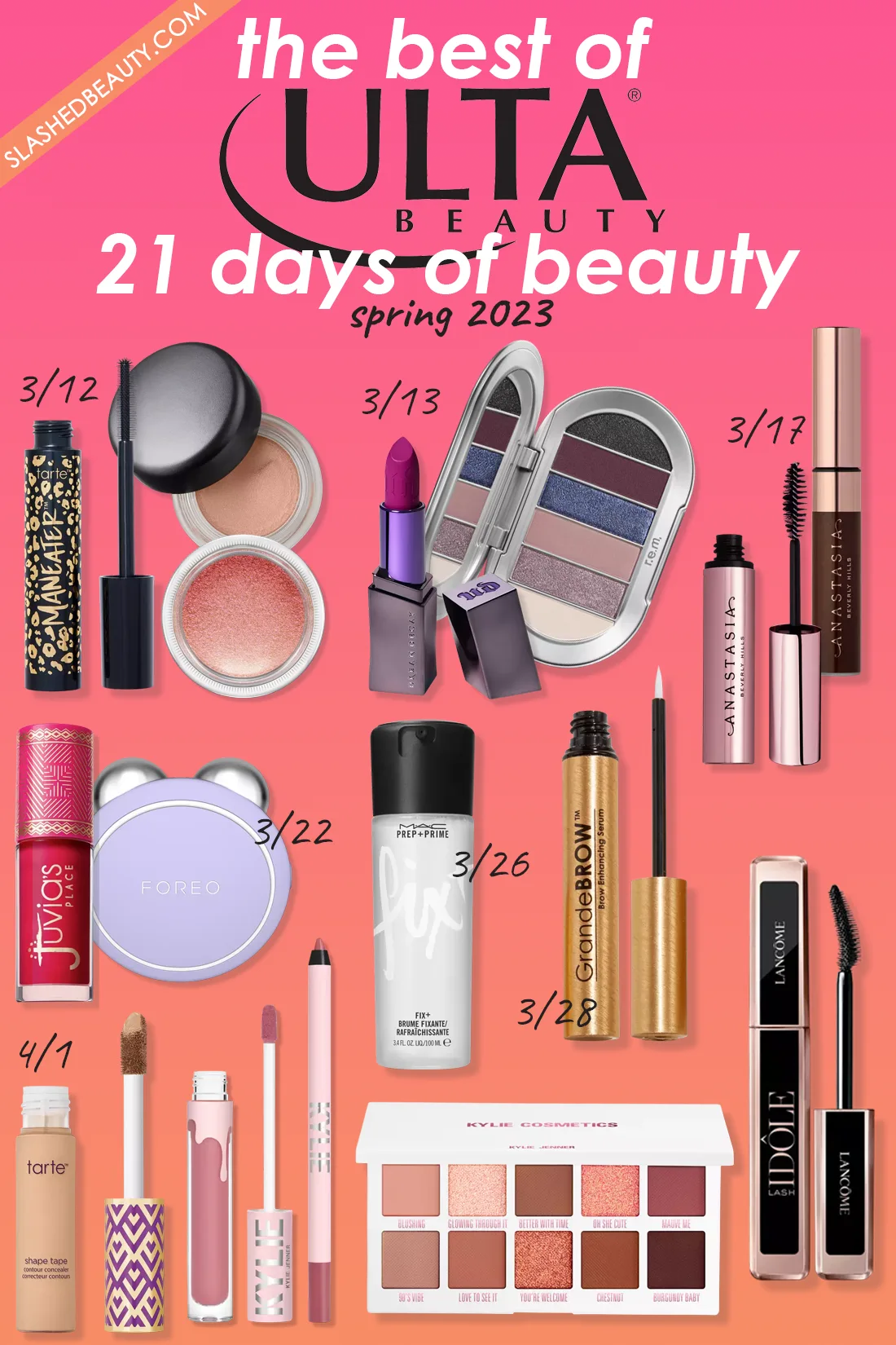 Collage of makeup on sale during the Ulta Beauty 21 Days of Beauty Spring 2023 sale | The Best of Ulta Beauty 21 Days of Beauty Spring 2023 Sale | Slashed Beauty