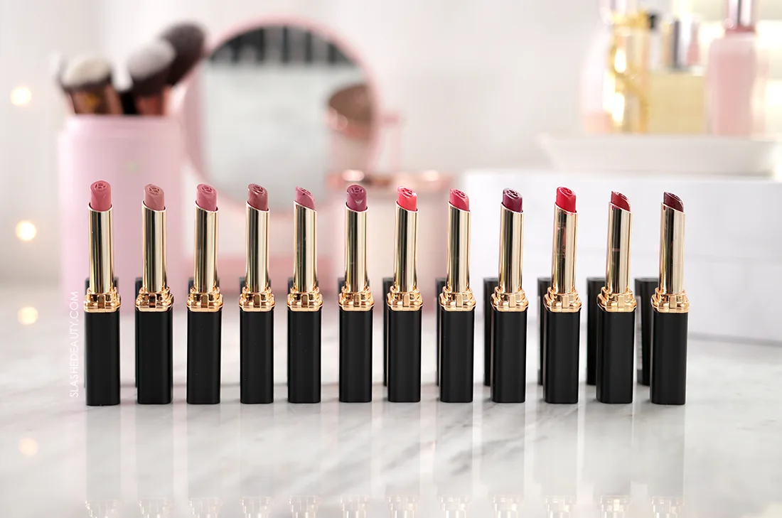 L'Oreal Colour Riche Intense Volume Matte Lipsticks standing in a row on a vanity. | L'Oreal Colour Riche Matte Lipsticks Review & Swatches | Slashed Beauty