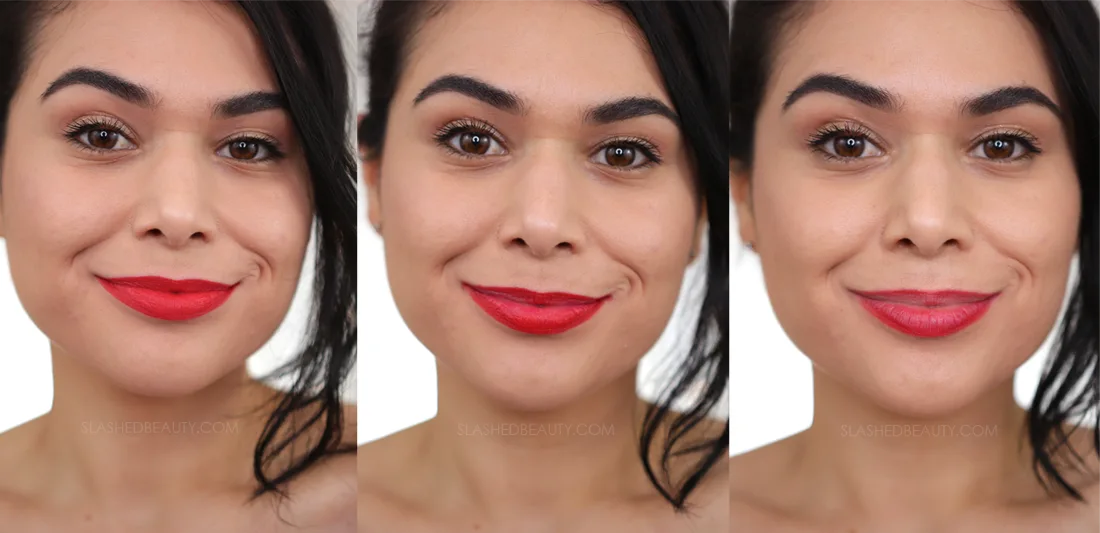 Side-by-side comparison wearing L'Oreal Colour Riche Matte Lipstick in 193 freshly applied, after one meal, and after two meals. | L'Oreal Colour Riche Matte Lipsticks Review & Swatches | Slashed Beauty