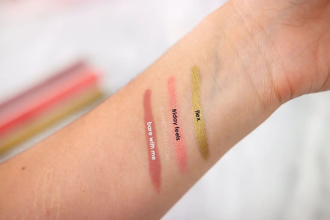 ColourPop Shadow Stix Swatches in Bare With Me, Friday Feels, and Flex | The Best Drugstore Cream Eyeshadow Sticks | Slashed Beauty