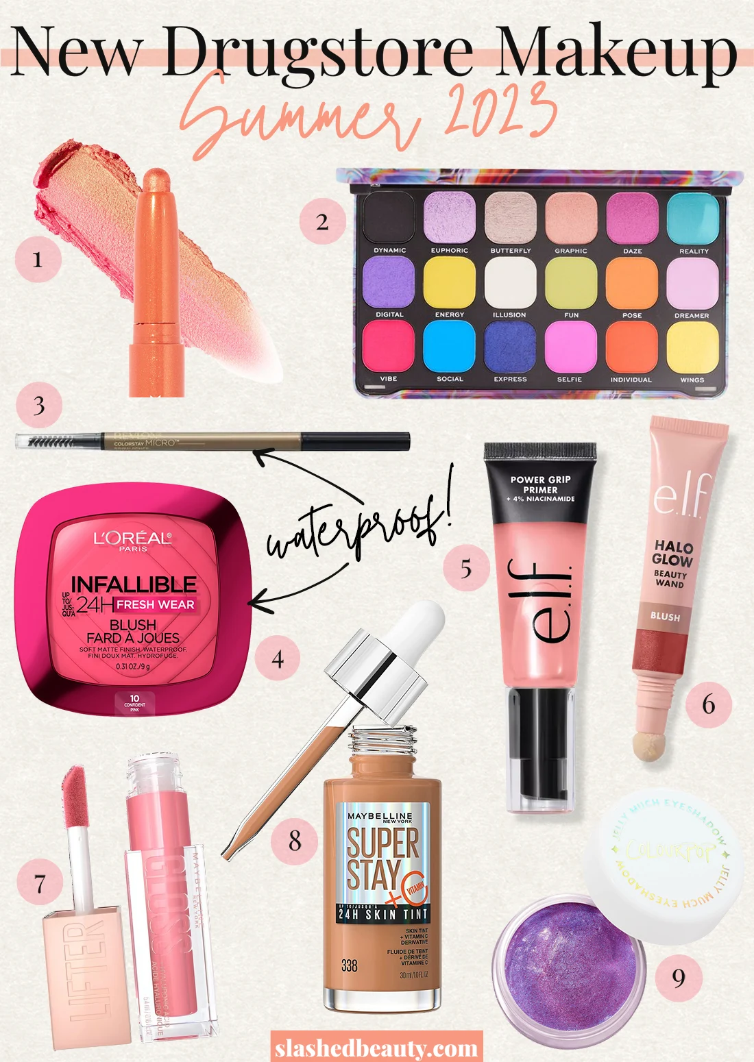 Collage of new drugstore makeup releases under $15 for Summer 2023 | Slashed Beauty