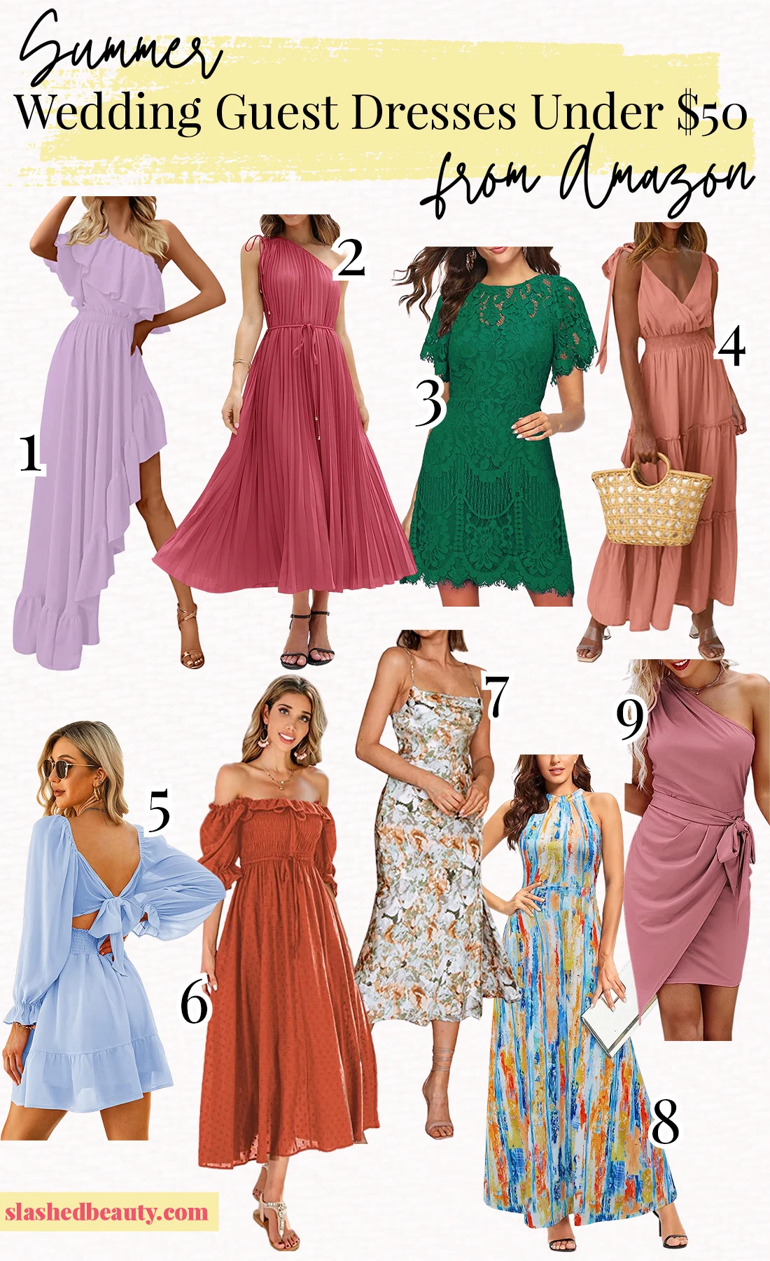 Collage of 9 Summer Wedding Guest Dresses Under  from Amazon | Slashed Beauty