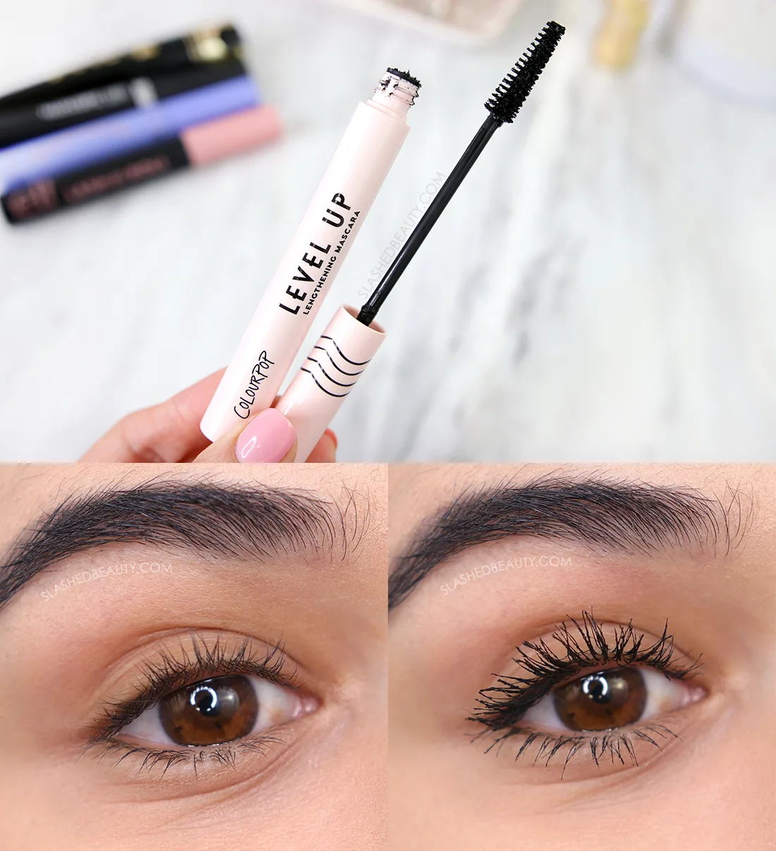 Open tube of ColourPop Level Up Mascara with close up before & after | The 5 Best Drugstore Mascaras for Short Lashes in 2023 | Slashed Beauty