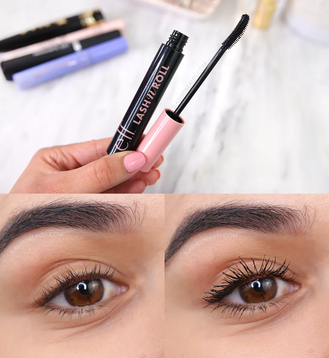 Open tube of elf Lash N Roll mascara with close up before & after | The 5 Best Drugstore Mascaras for Short Lashes in 2023 | Slashed Beauty