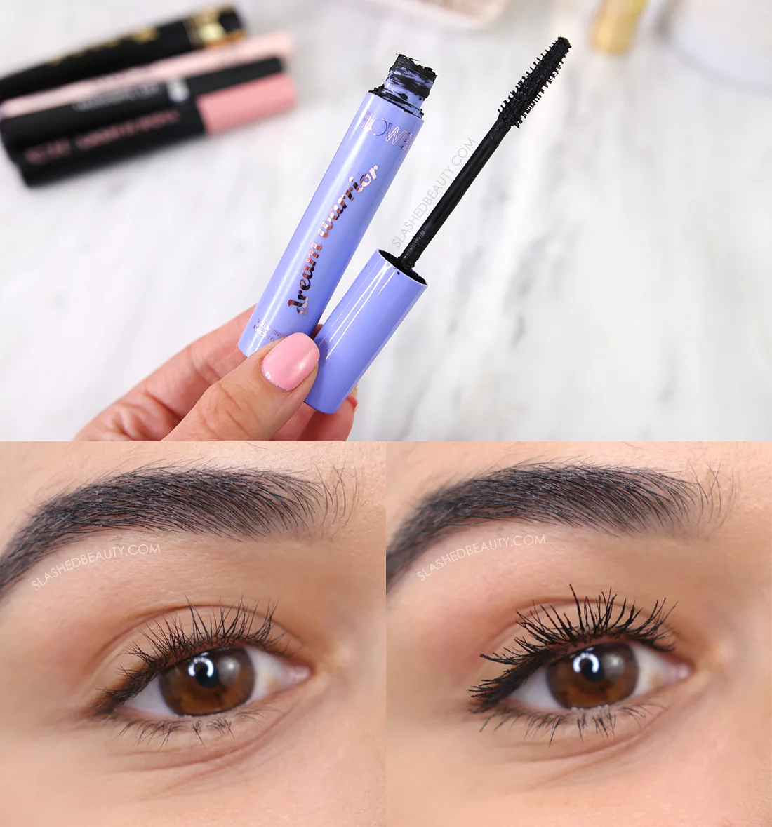 Open tube of Flower Beauty Dream Warrior Mascara with close up before & after | The 5 Best Drugstore Mascaras for Short Lashes in 2023 | Slashed Beauty