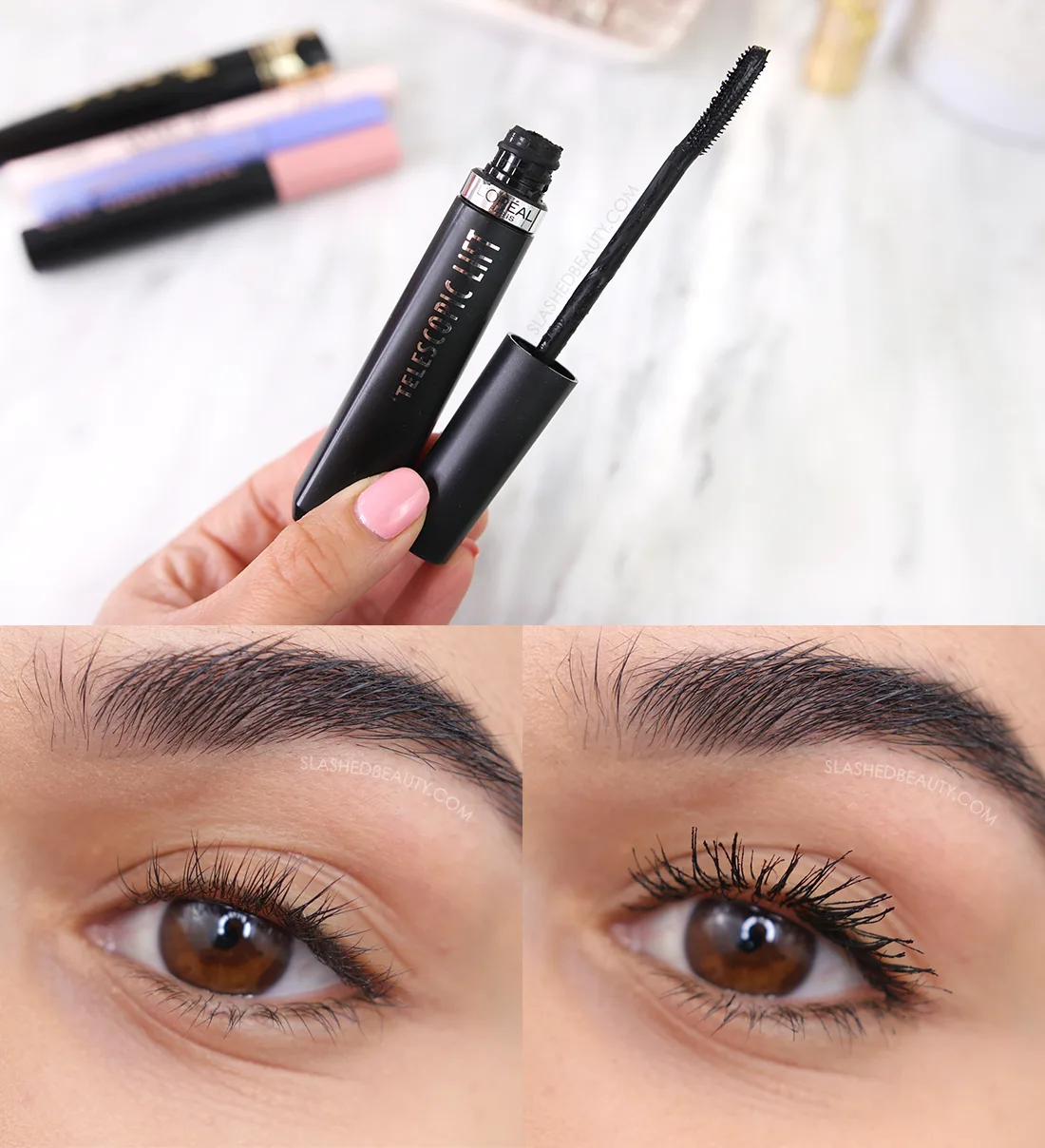Open tube of L'Oreal Telescopic Lift mascara with close up before & after | The 5 Best Drugstore Mascaras for Short Lashes in 2023 | Slashed Beauty