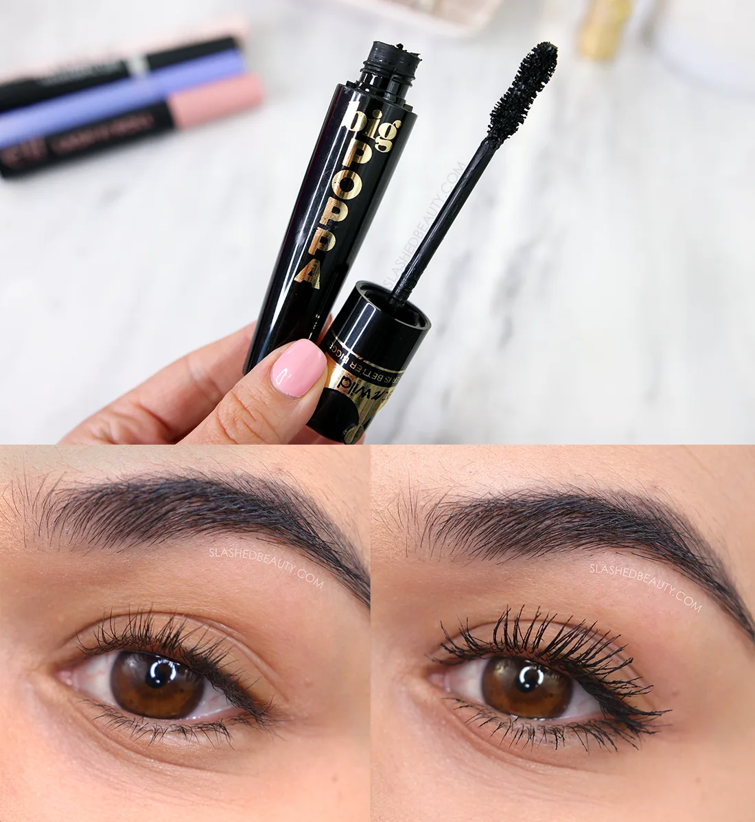 Open tube of wet n wild Big Poppa Mascara with close up before & after | The 5 Best Drugstore Mascaras for Short Lashes in 2023 | Slashed Beauty