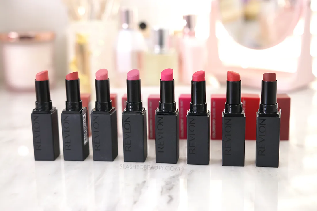 Open tubes of Revlon ColorStay Suede Ink Lipsticks on a marble vanity  | Revlon ColorStay Suede Ink Lipstick Review | Slashed Beauty
