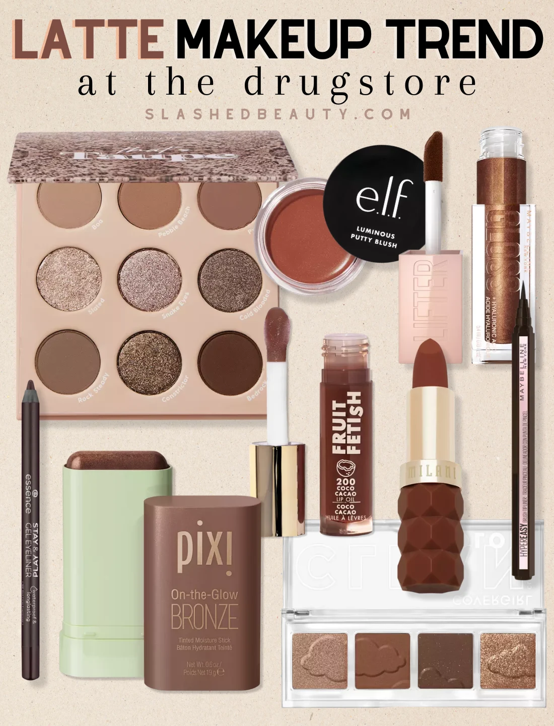 Collage with various brown toned makeup items, with title text: Latte Makeup Trend at the Drugstore | Slashed Beauty