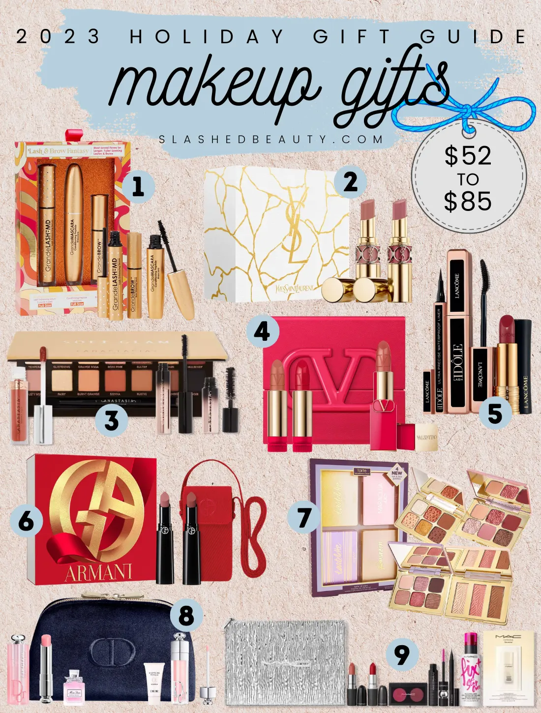 Collage with header: 2023 Holiday Gift Guide - Makeup Gifts - | 2023 Holiday Makeup Gift Sets for Every Budget | Slashed Beauty