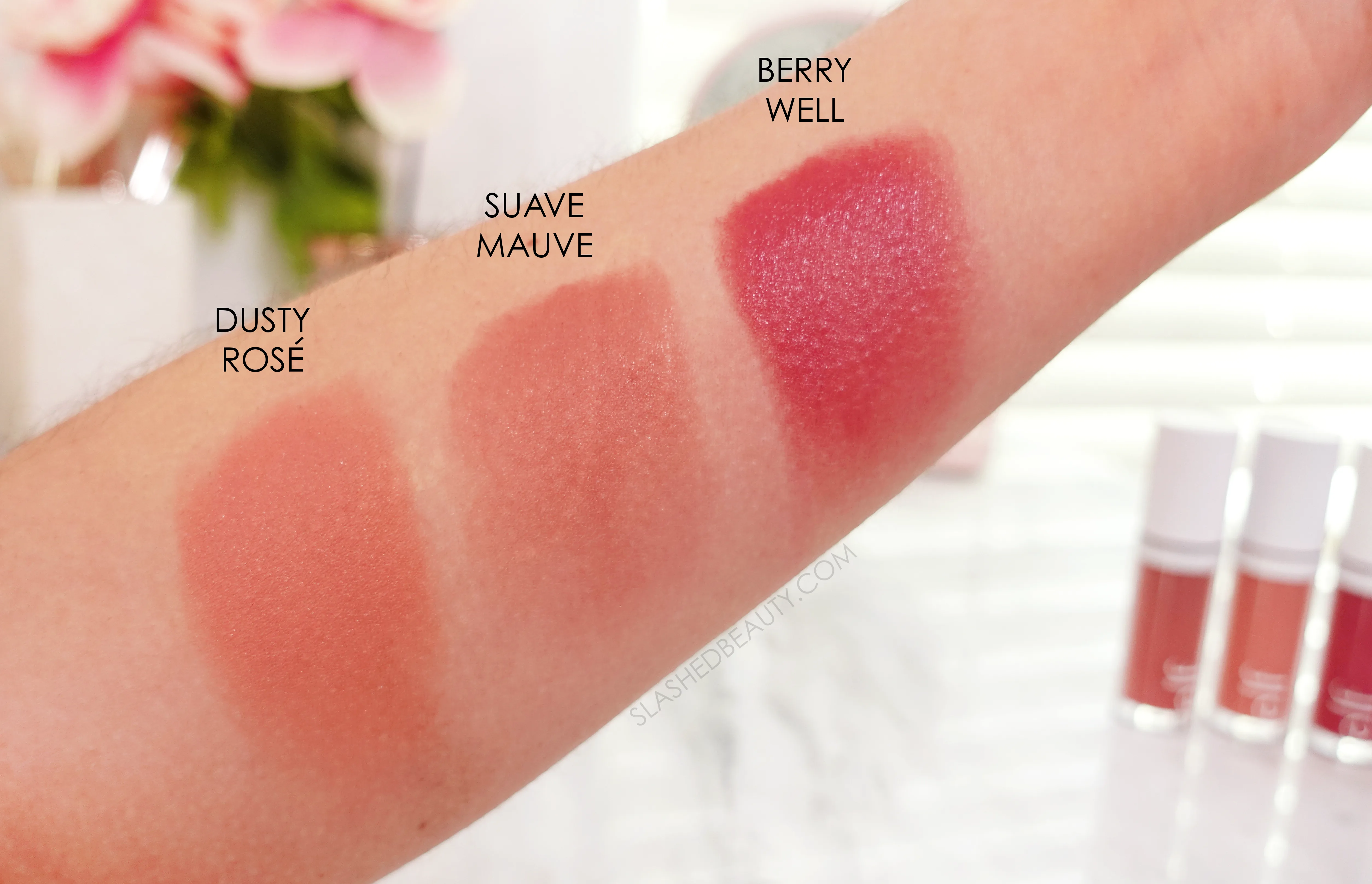 Swatches of e.l.f. Camo Liquid Blush in Dusty Rose, Suave Mauve, and Berry Well | e.l.f. Camo Liquid Blush Review | Slashed Beauty